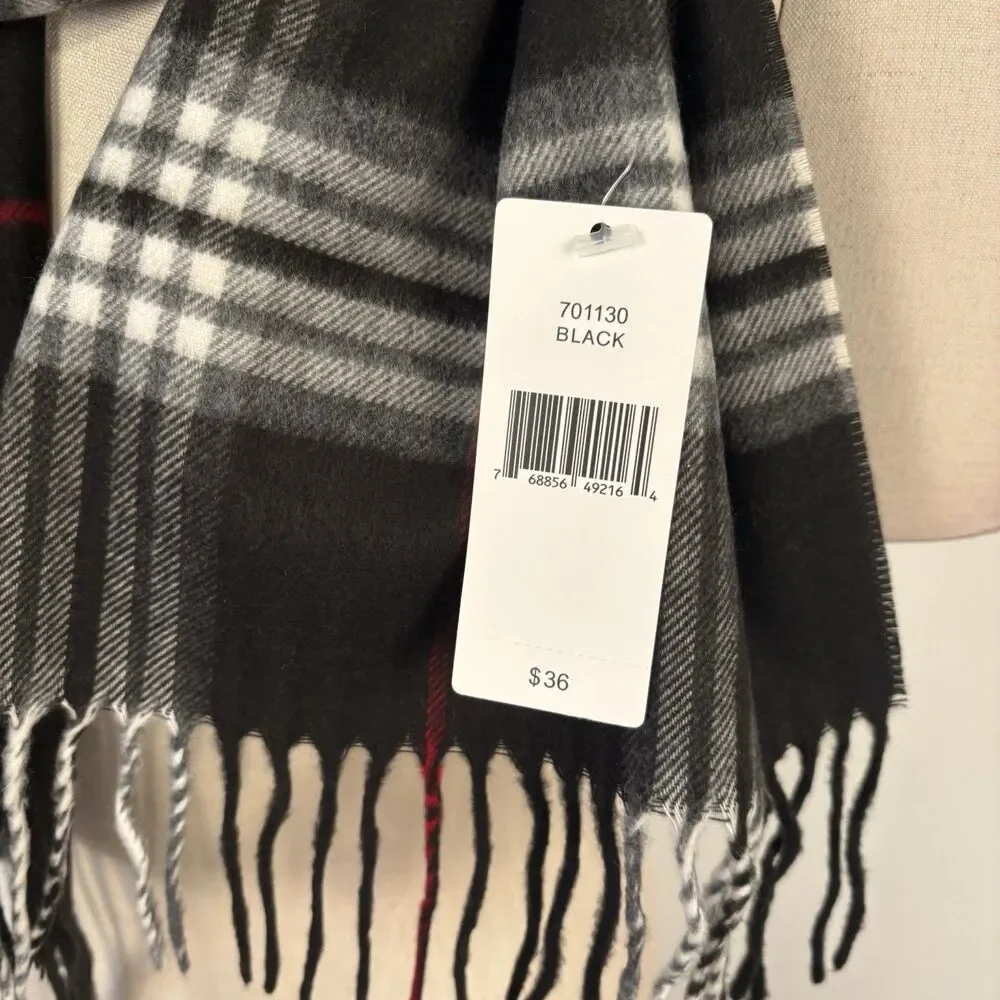 NWT V. Fraas Black White Red Plaid Acrylic Germany Made Rectangular Unisex Scarf